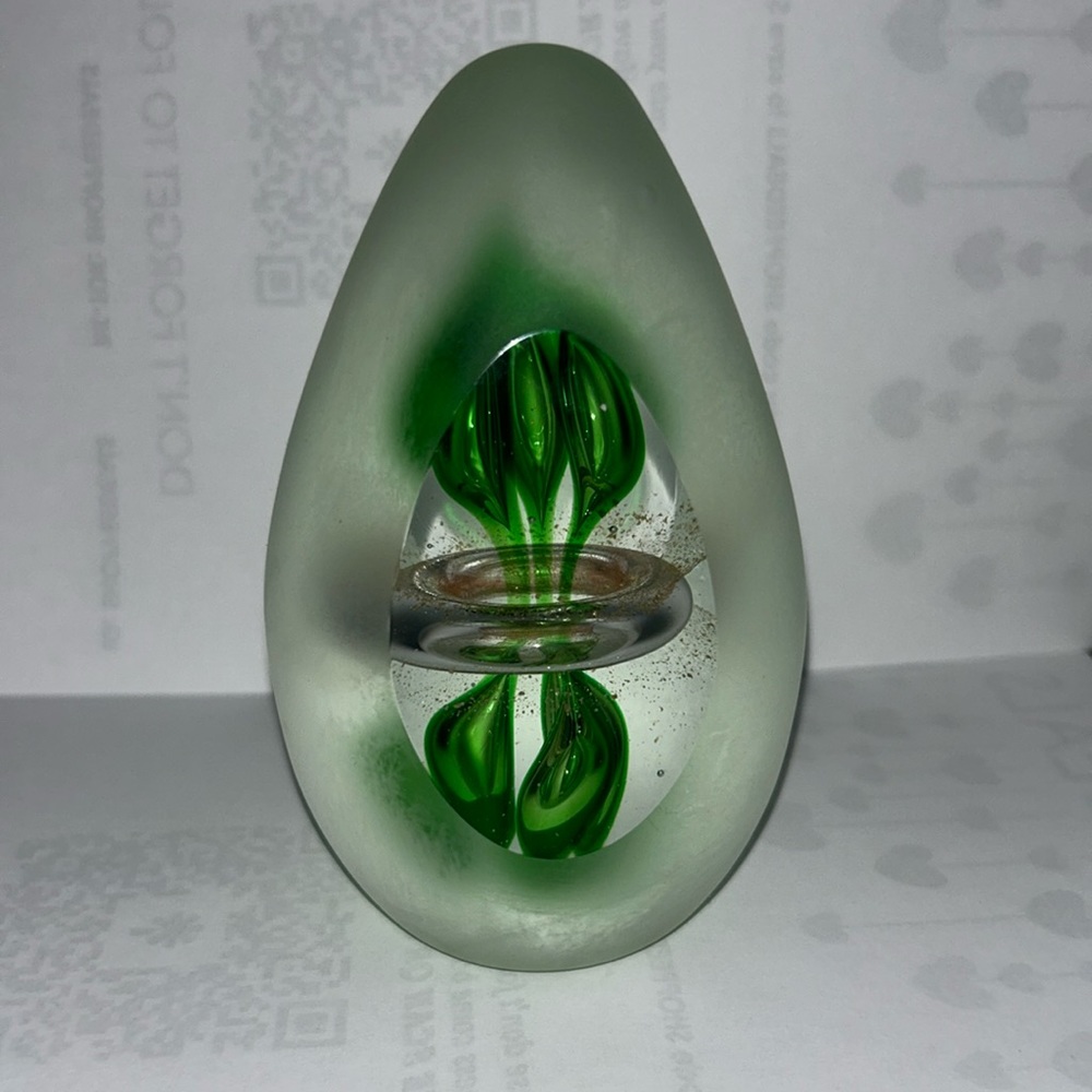 Green and Frosted Controlled Egg Shaped Art Glass Paperweight